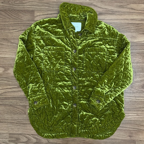 NWT A By Anthropologie Chartreuse Quilted Velvet Shirt Jacket Size Small Shacket - Picture 4 of 12